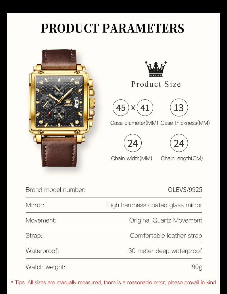 OLEVS Golden Square Quartz Watch — Waterproof Leather Strap, Luminous Date Display, Large Dial Men’s Luxury Timepiece 9925
