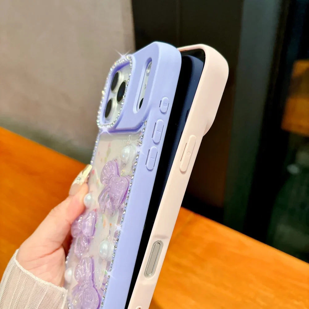 Shiny Diamond 3D Pearl Bow Phone Case For iPhone 17 AIR 16 15 14 13 Pro Max 17pro Plating TPU Epoxy Shockproof Transparent Cover