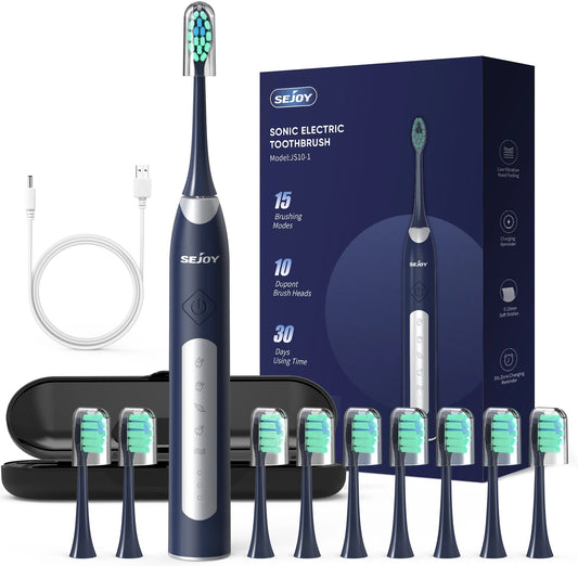 Sejoy sonic electric toothbrush set with packaging, brush head, and charging cable on a white background