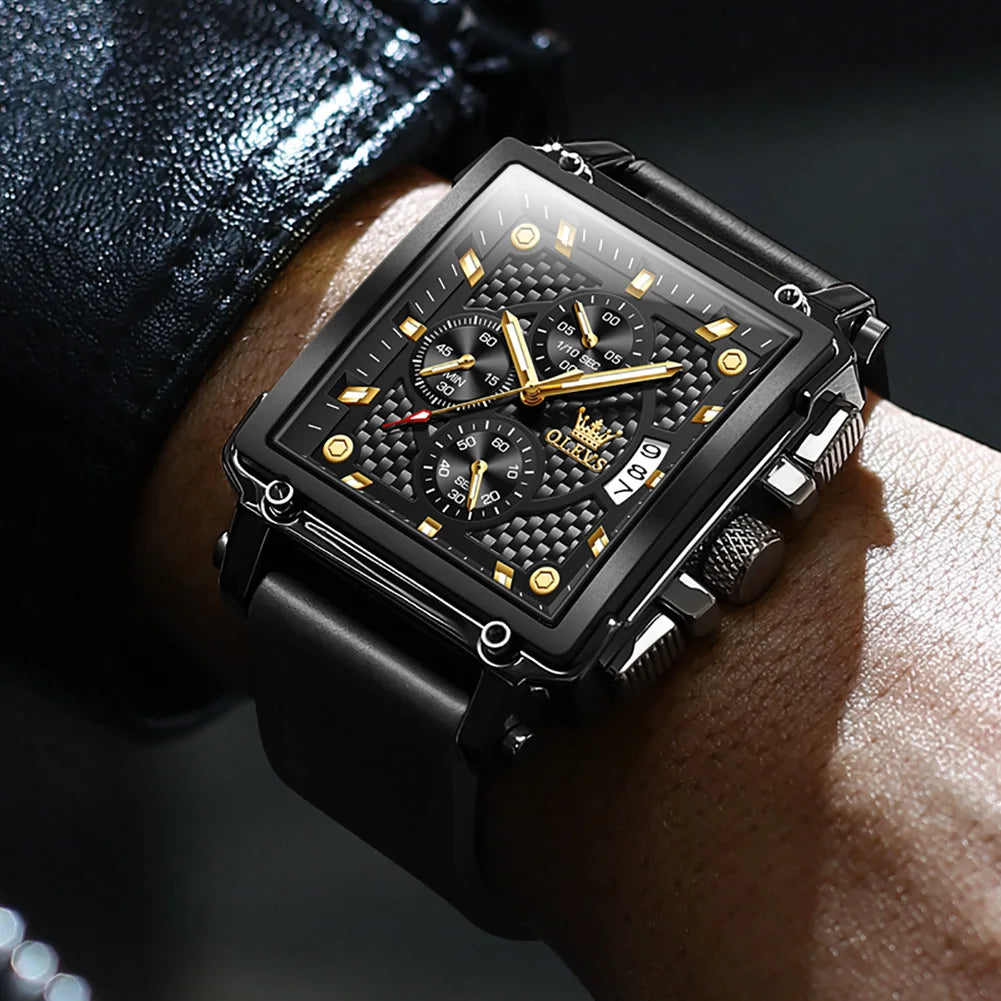 OLEVS Golden Square Quartz Watch — Waterproof Leather Strap, Luminous Date Display, Large Dial Men’s Luxury Timepiece 9925