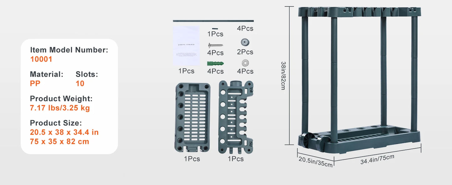 YardMaster 10-Slot Garden Tool Organizer – Heavy-Duty Storage Rack for Rakes, Shovels, Brooms & Garage Gear