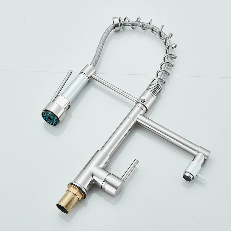 Nickel Kitchen Sink Faucet Pull Down Hot and Cold Water Mixer2 Mode Tap with Dual Spout 360 Rotation Flexible Deck Mounted - THOOBO!