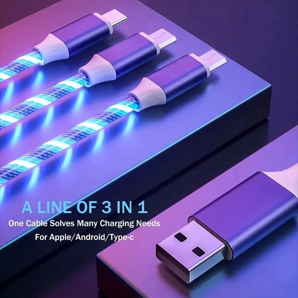 3 in 1 Fast Charging Cable with LED Lighting, 3A, Micro USB Type C, for IPhone, Samsung, Xiaomi, Phone Charger