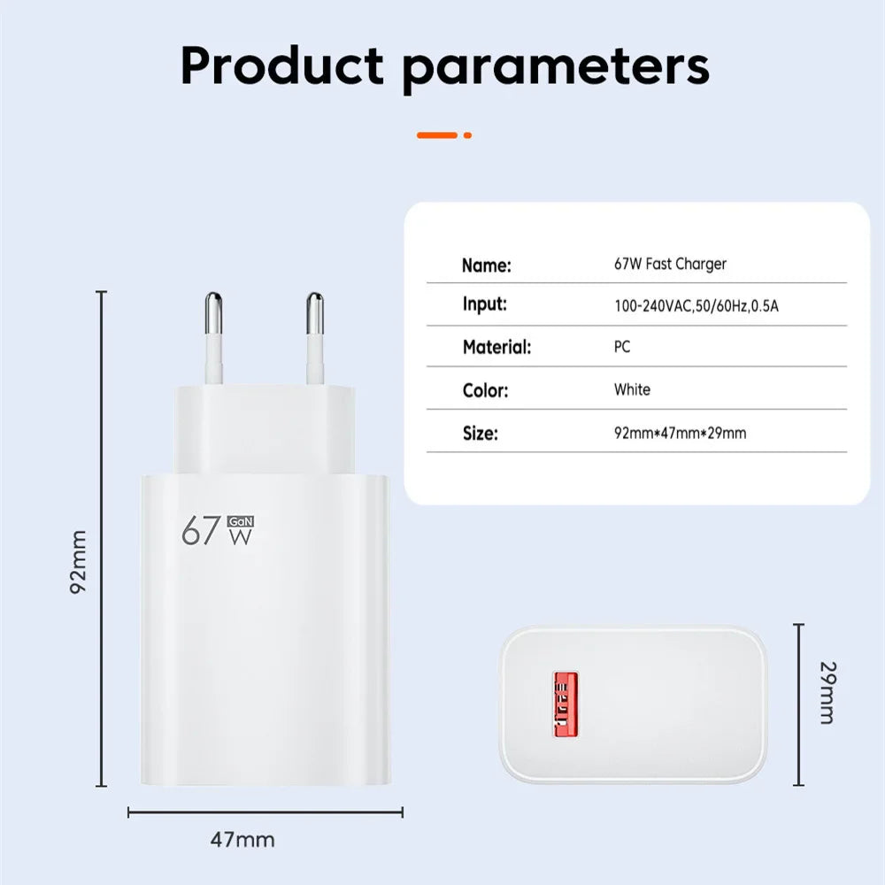 Total 67W GaN USB Charger Fast Charging Mobile Phone Adapter USB Quick Charger QC3.0 Adapter For iPhone15 Samsung Xiaomi Redmi