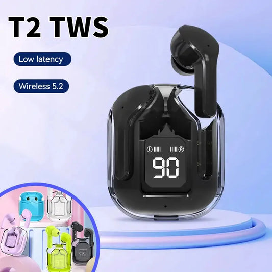 Original T2 Transparent Wireless Bluetooth Earphones with LED Power Display – HiFi Stereo Sound & Built-in Mic for Xiaomi and More