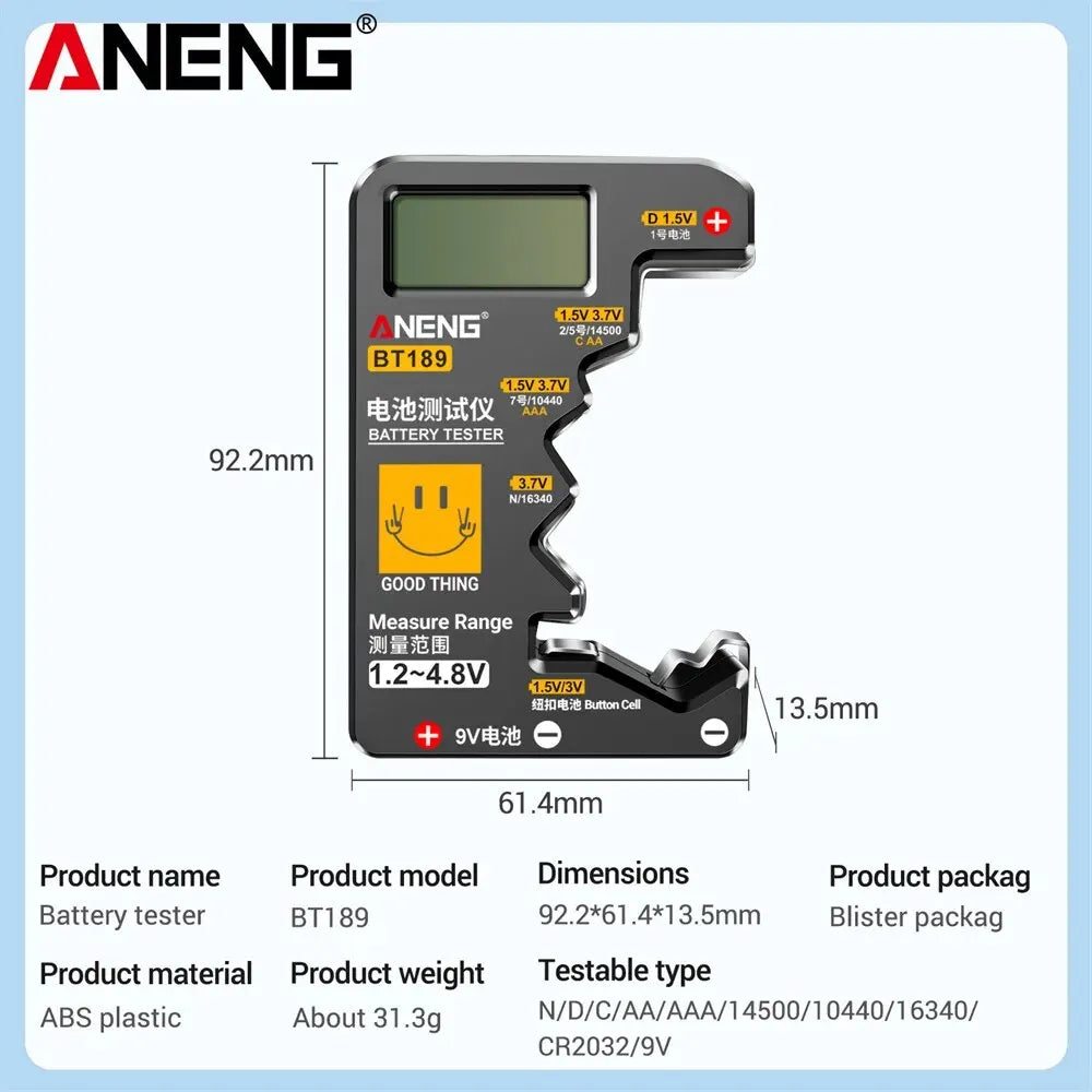 ANENG BT189 Button Cell Battery Tester 9V N D C AA AAA Universal Household LCD Display Battery Tester Power Bank Detectors Tools - THOOBO!