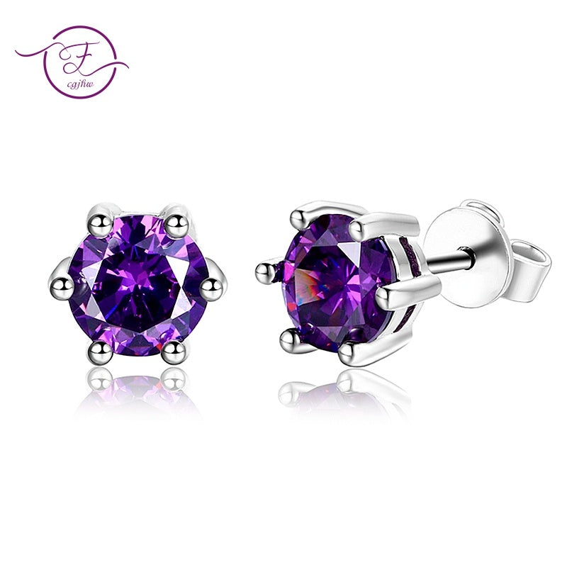 Twilight Spark Amethyst Studs – radiant round-cut silver earrings for weddings, nights out & everyday magic