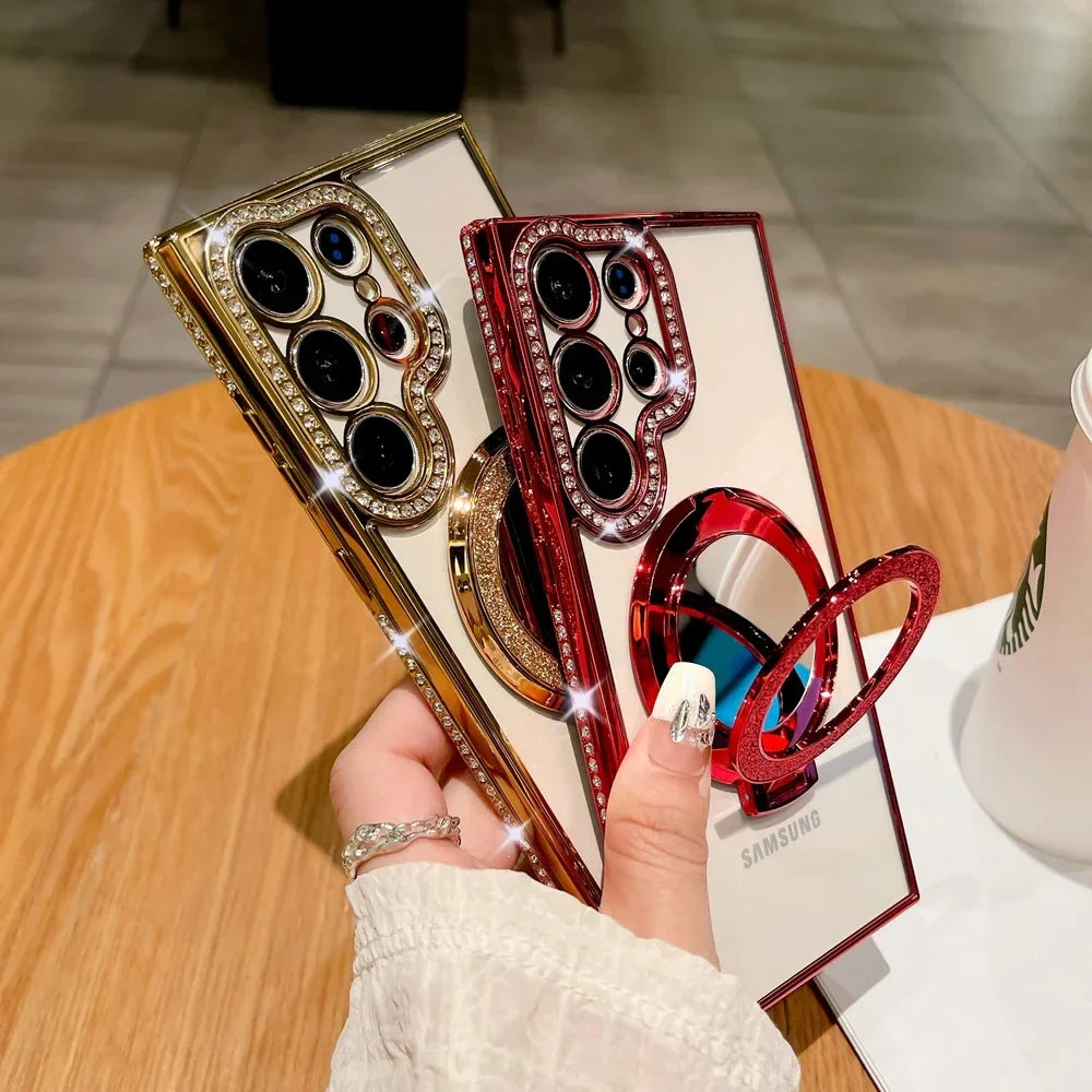 Luxury Glitter Mirror for Magsafe Case for Samsung Galaxy S24 Ultra S23 S22 Plus Bracket Stand Diamond Plating Transparent Cover