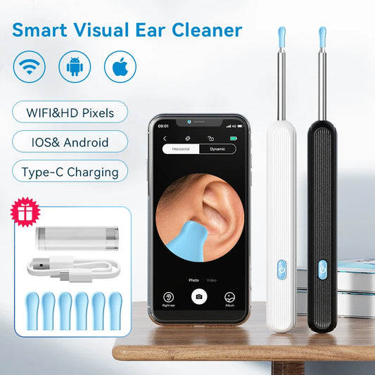 Smart visual ear cleaner with phone app displaying ear inspection,