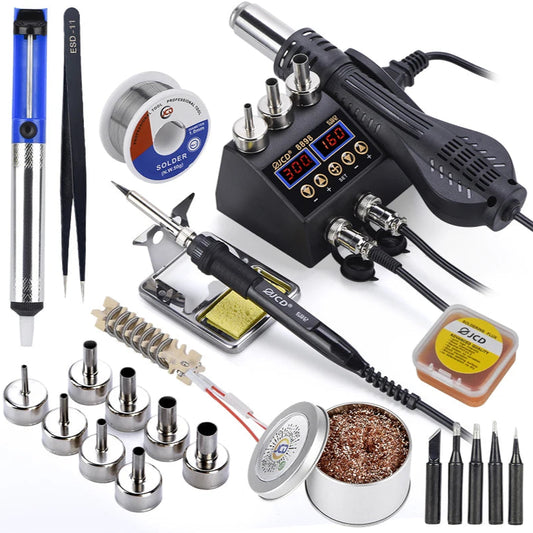 Soldering iron kit with various components on a white background