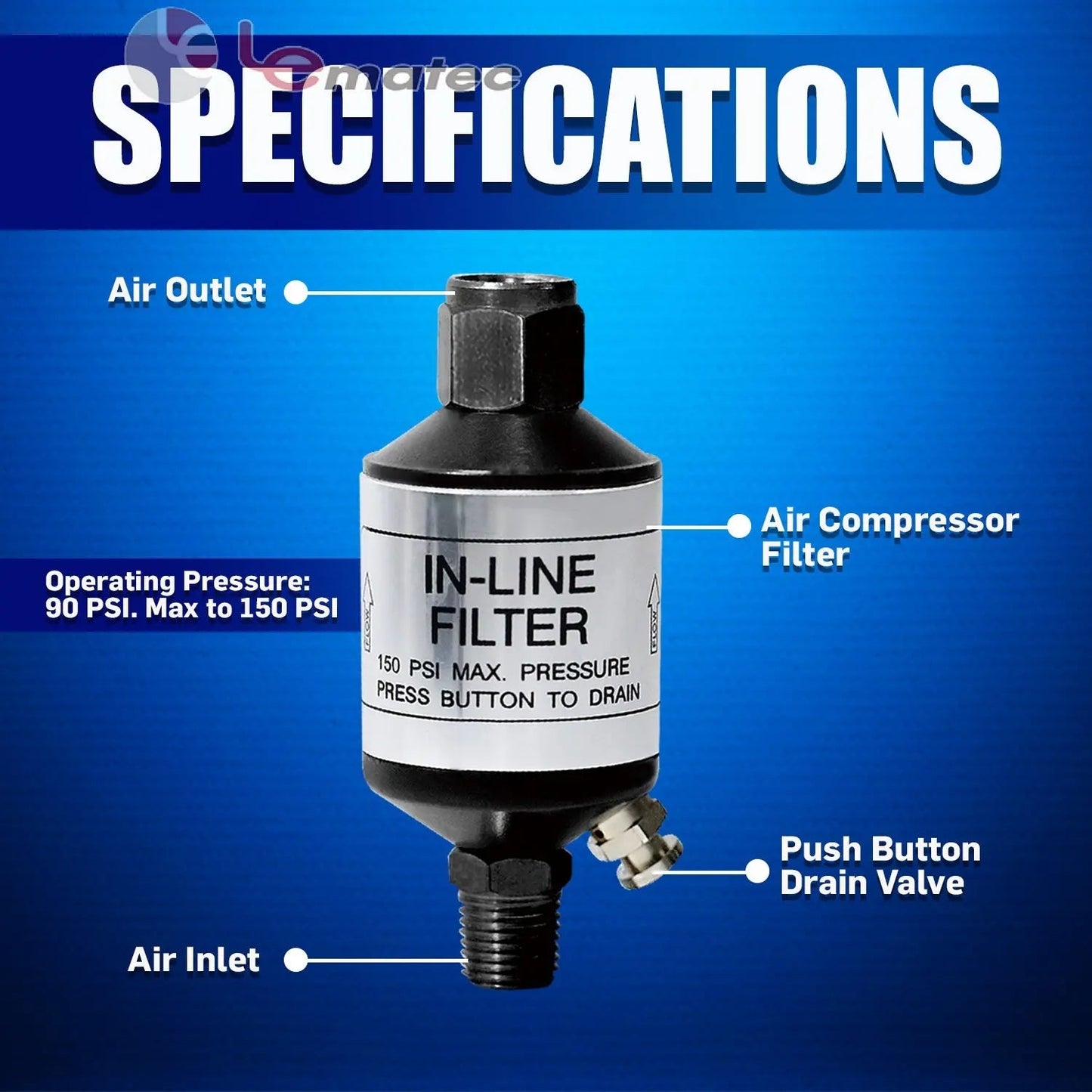 Professional Inline Air Filter System - 150 PSI Aluminum Oil & Water Separator with Drain (AI303)