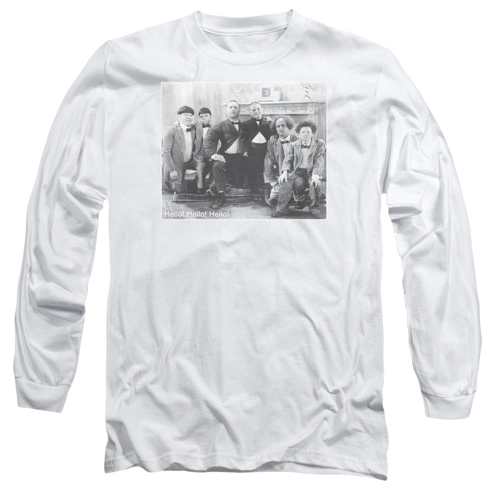 Three Stooges Hello Mens Long Sleeve Shirt White Officially Licensed