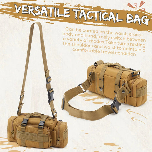 Tan tactical bag with shoulder strap on a light background