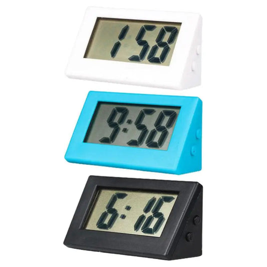 Three digital clocks in different colors with digital displays on a white background.