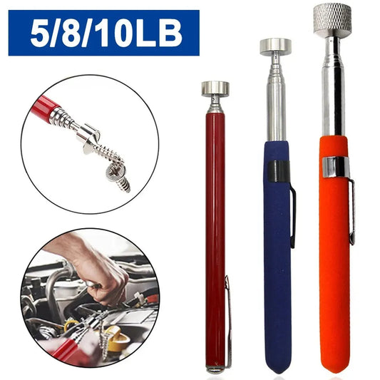 Three telescopic tools in red, blue, and orange with close-up details on a white background.