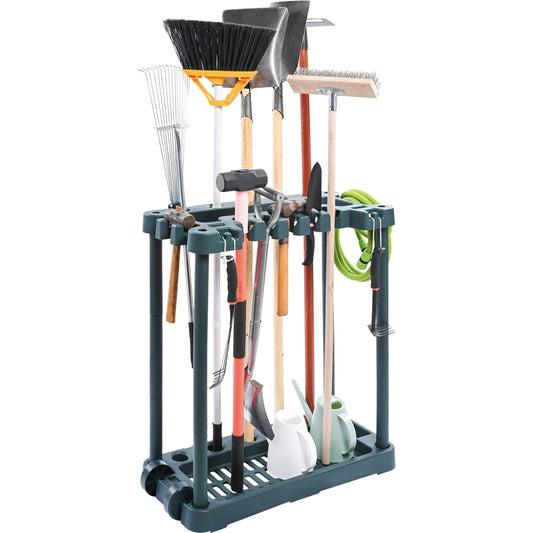 Tool organizer with various gardening tools on a white background