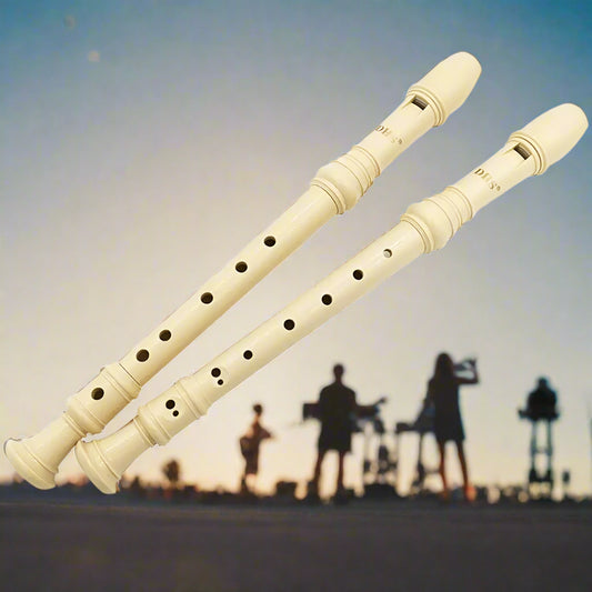 Two beige recorders on a white background
