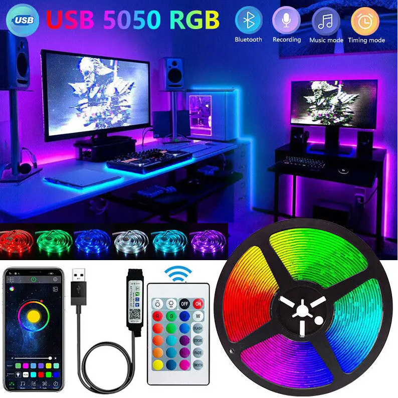 USB 5050 RGB LED strip lights with control devices and setup in a gaming room.