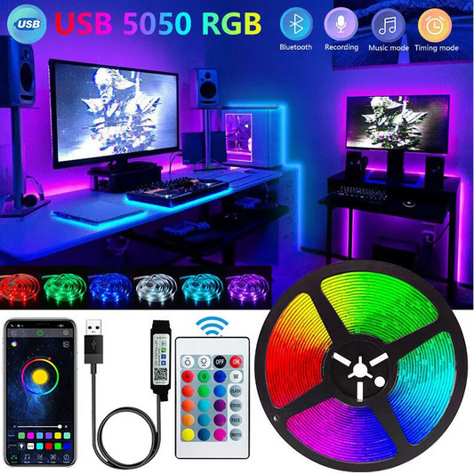 USB 5050 RGB LED strip lights with control devices and setup in a gaming room.