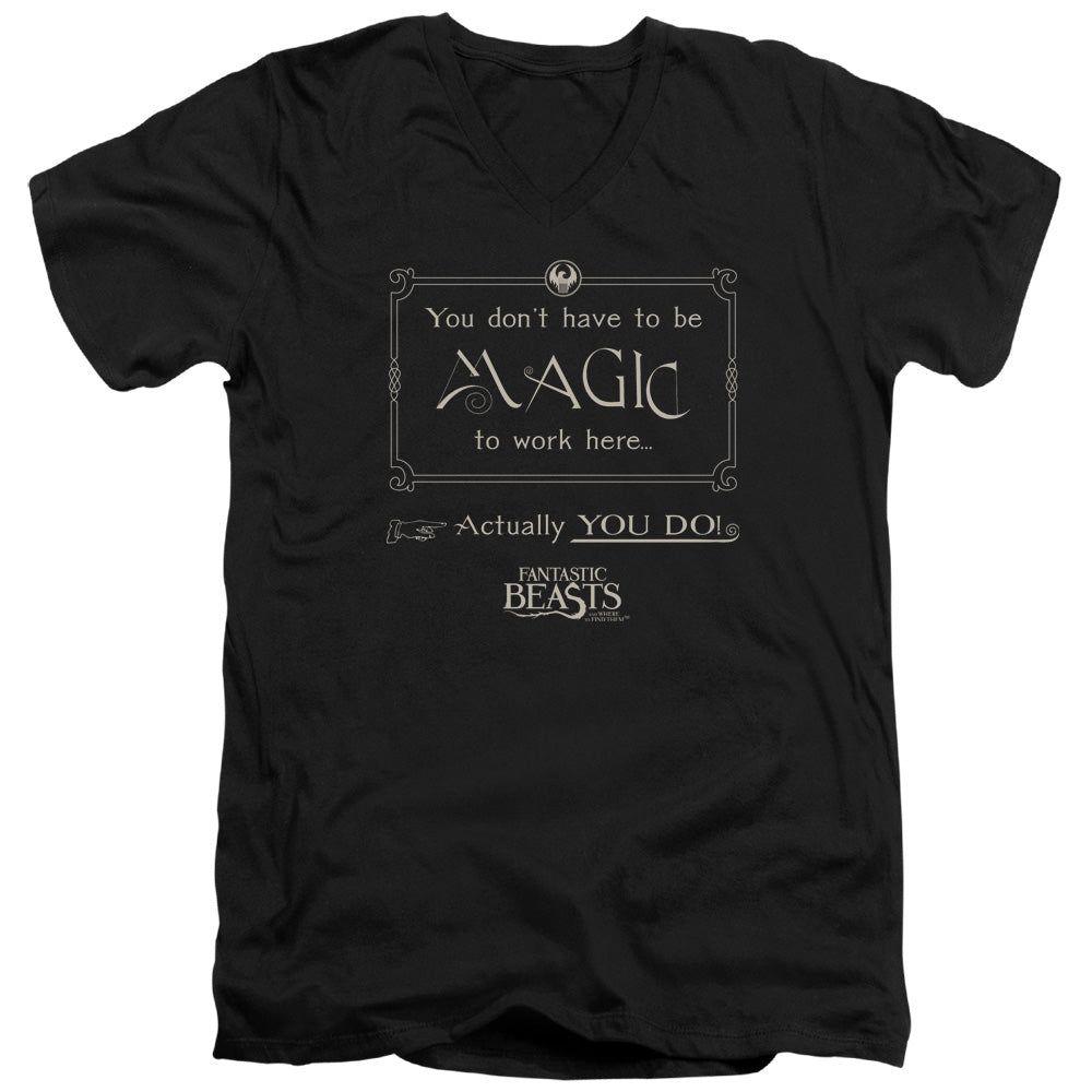 Fantastic Beasts Magic To Work Here Mens Slim Fit V-Neck T Shirt Black Officially Licensed