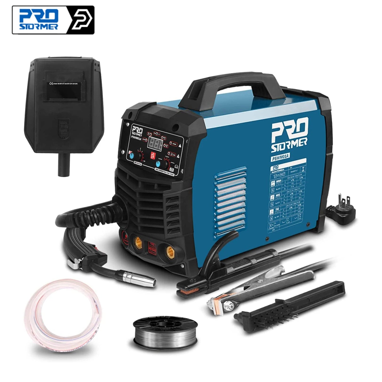 Welding machine with accessories on a white background, featuring the Pro Stormer brand.