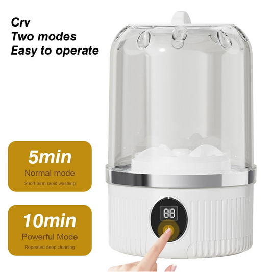 White electronic device with digital display and two mode options on a white background