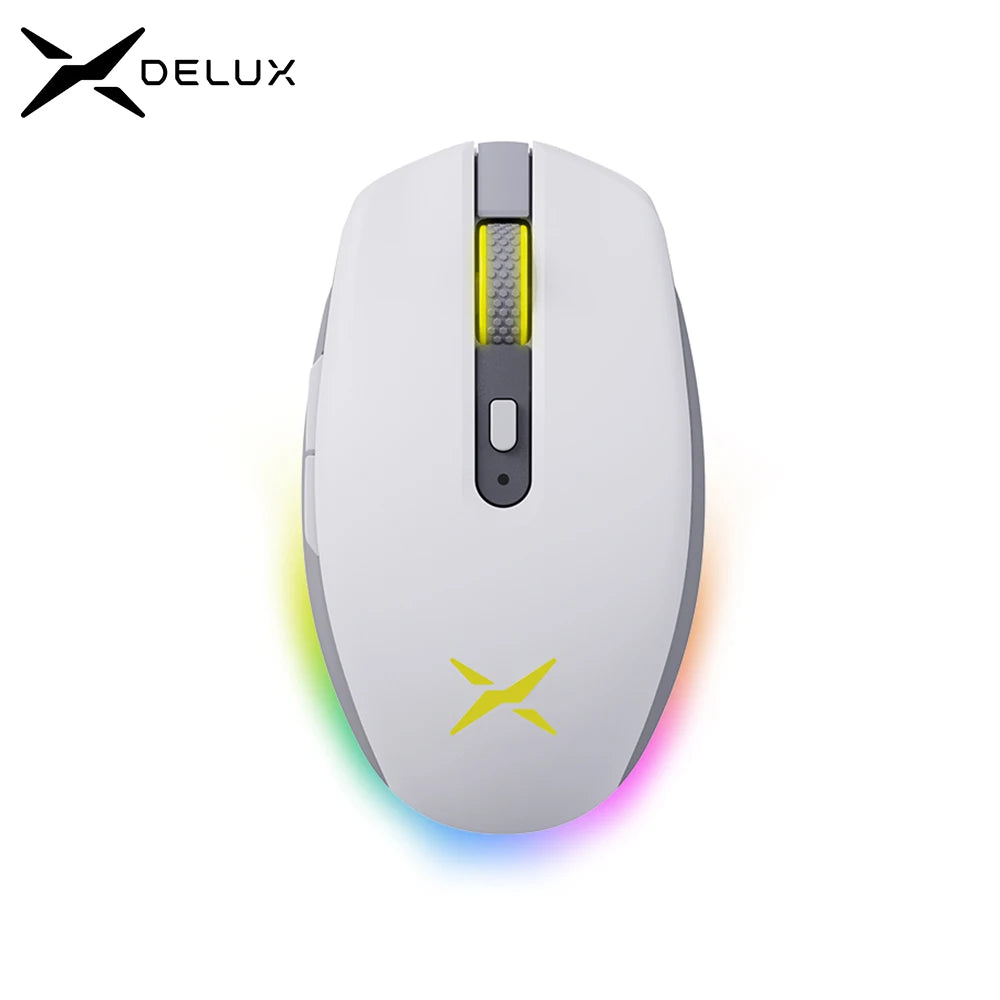 White gaming mouse with RGB lighting and Delux logo on a white background