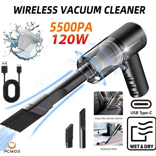 Wireless vacuum cleaner with attachments and specifications on a white background