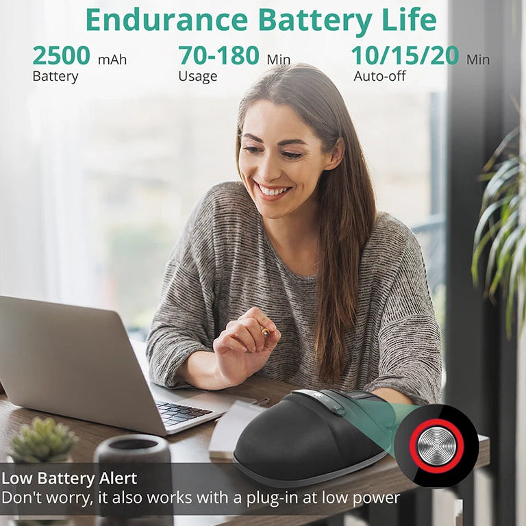 Woman using a laptop with endurance battery life information displayed