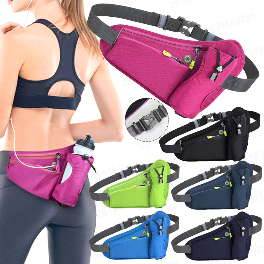 Woman wearing a pink waist bag with additional bags in different colors displayed around her.
