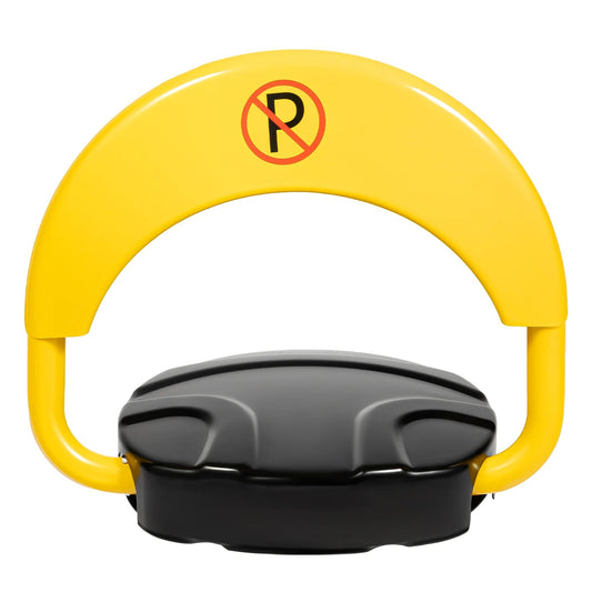 Yellow and black parking lock with no parking symbol on a white background