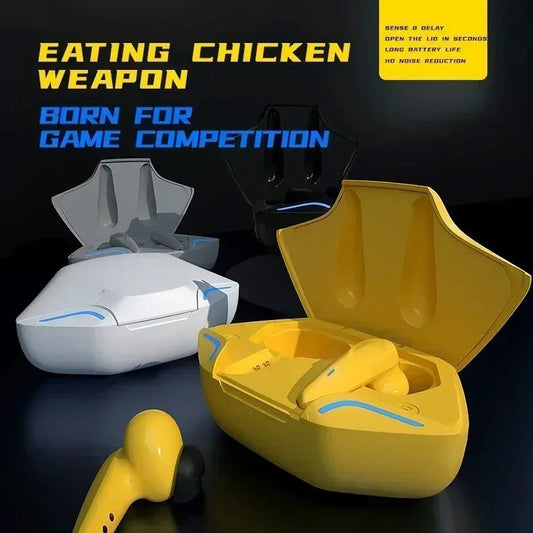 Yellow and white electronic device with text on a dark background