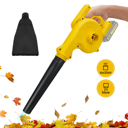 Yellow leaf blower with black nozzle and suction/blow icons on a white background.
