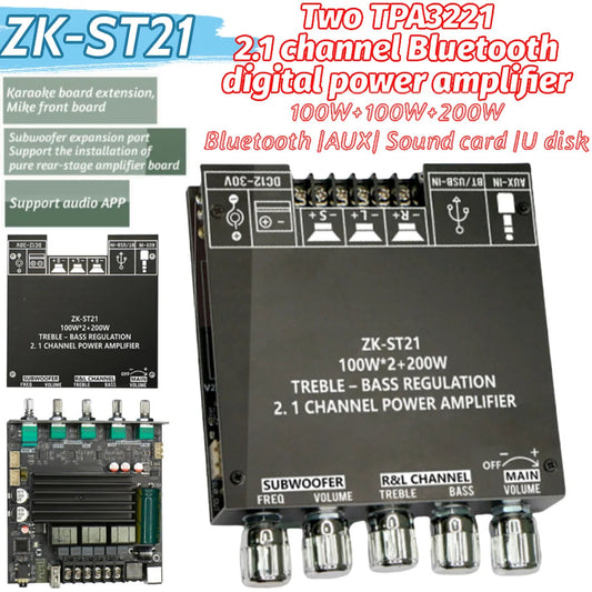 ZK-ST21 2.1 channel Bluetooth digital power amplifier with multiple connections on a white background