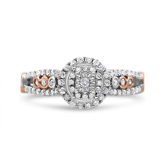 14K Rose Gold Plated .925 Sterling Silver 3/8 Cttw Round Diamond Double Frame Cross-Over Split Shank Engagement Ring (I-J Color, I2-I3 Clarity) - Size 7