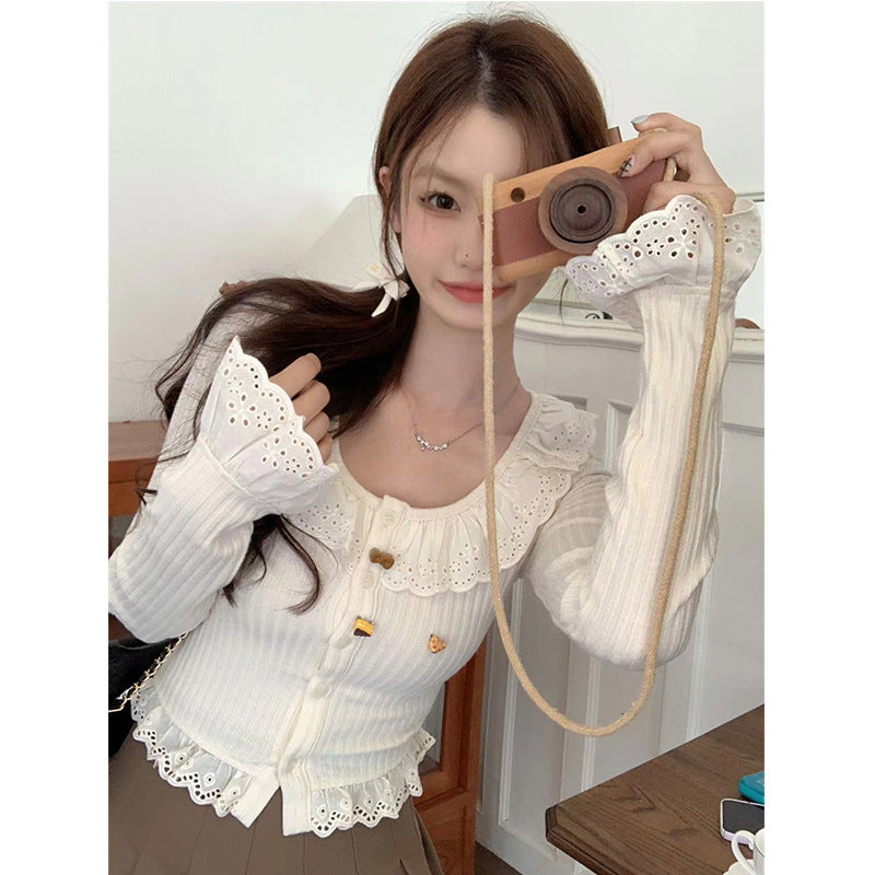 Slim Fit All-matching Long Sleeve Top Ruffled Knitted Cropped T-shirt Tide
