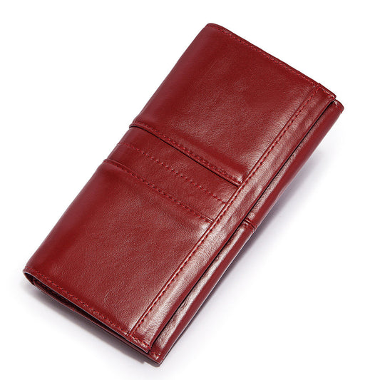 Anti-Theft Brushed Genuine Leather Ladies Wallet Top Layer Cowhide Long Women's Bag Multi-Card Card Holder Mobile Phone Bag Clutch Bag