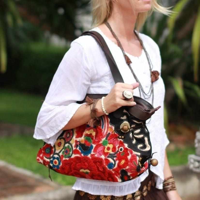 Artista Applique Textile Unique Leather Shoulder Handbag Tote - Thailand