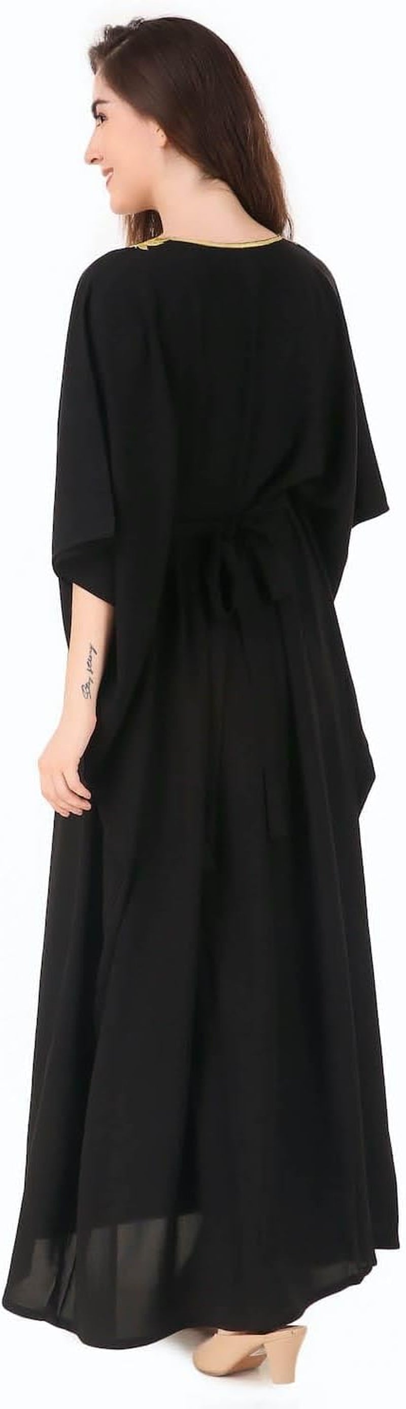 Elegant Gold Embroidered Kaftan with Cutwork Neckline