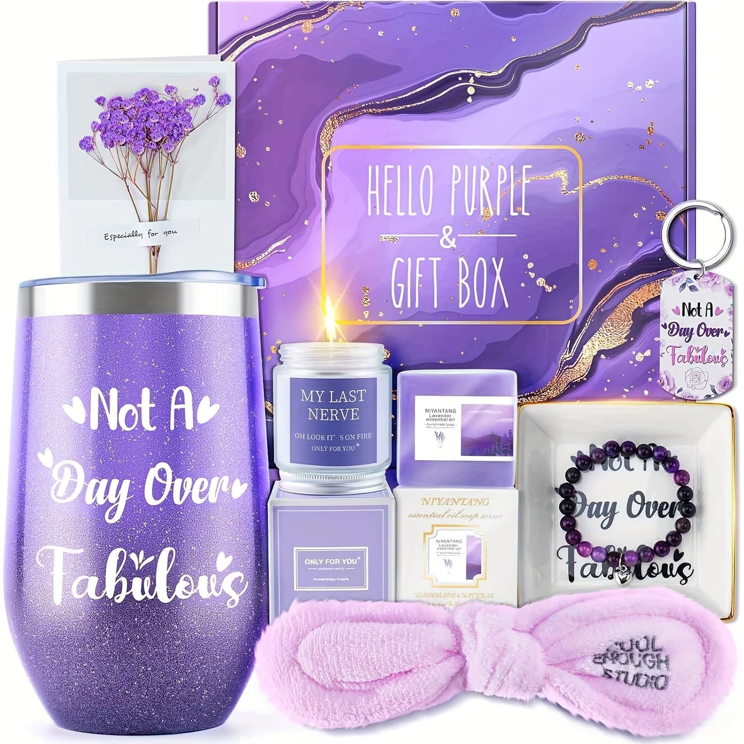 1set Purple Spa & Self-Care Gift Set for Women - Tumbler, Scented Candle, Bath Soap, Beaded Bracelet, Keychain, Jewelry Tray & Greeting Card - Ideal for Birthday, Anniversary, Retirement, Christmas, Get Well - No Electricity