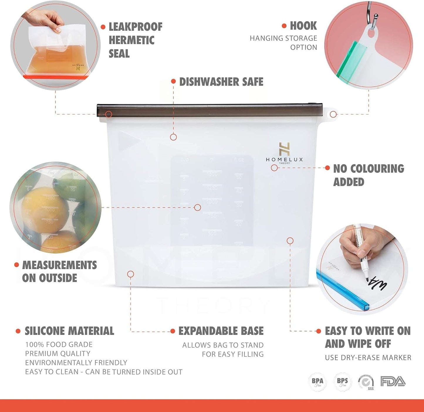 Homelux Theory Power Pack Silicone Food Storage Bags – Set of 6 Reusable Leakproof Zip Bags with Airtight Slider (2 Large, 2 Medium, 2 Small)