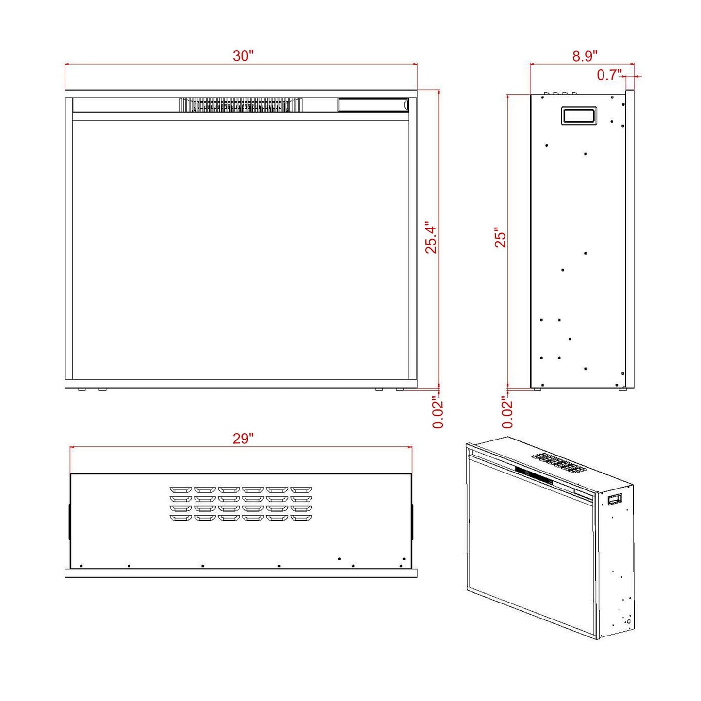 Black Electric Fireplace Heater Insert with Overheating Protection and Remote Control