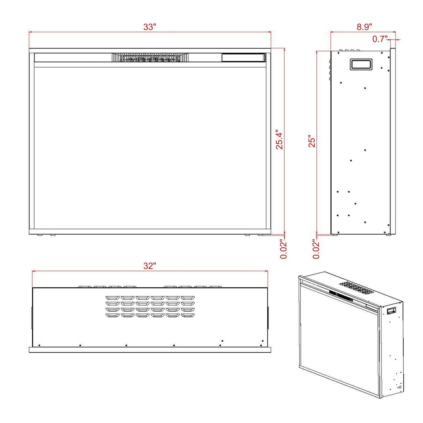 Black Electric Fireplace Heater Insert with Overheating Protection and Remote Control