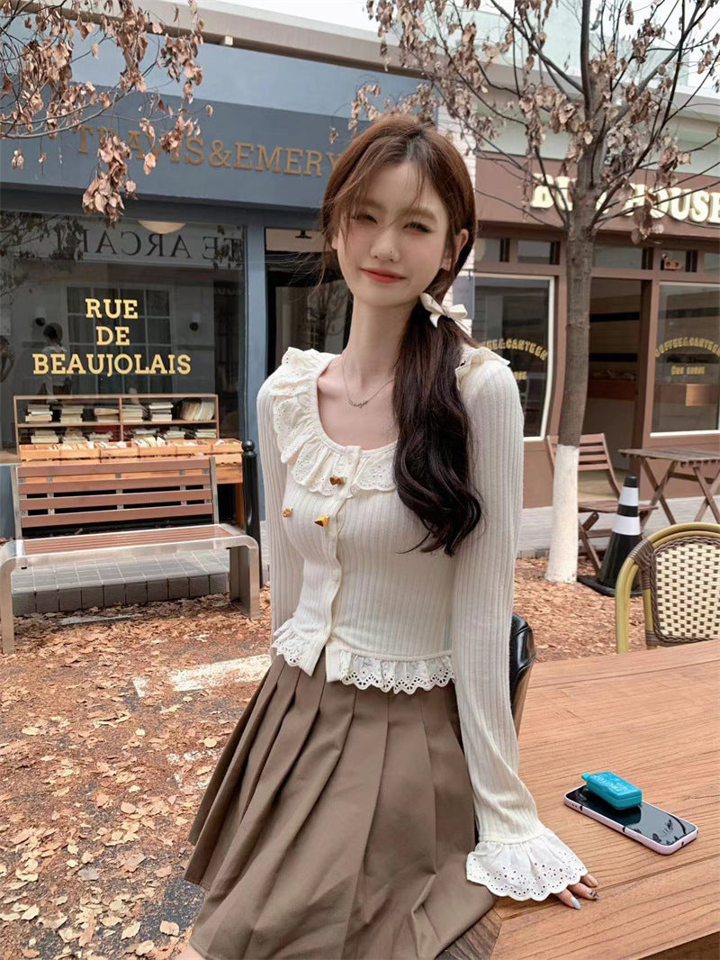 Slim Fit All-matching Long Sleeve Top Ruffled Knitted Cropped T-shirt Tide