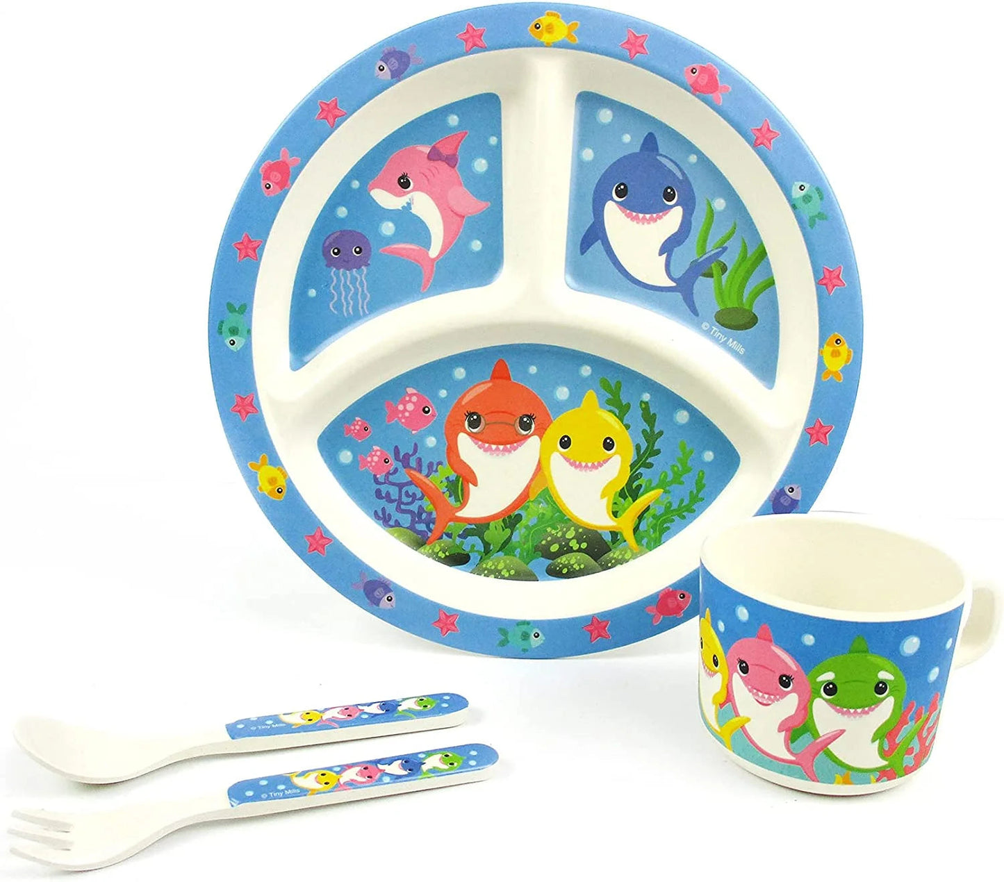 🦈 Shark Family 4-Piece Kids Dinnerware Set – Eco-Friendly, Biodegradable, BPA-Free Plant Fiber Tableware with Plate, Cup, Fork & Spoon – Microwave & Dishwasher Safe – Gift-Boxed for Holidays & Birthdays