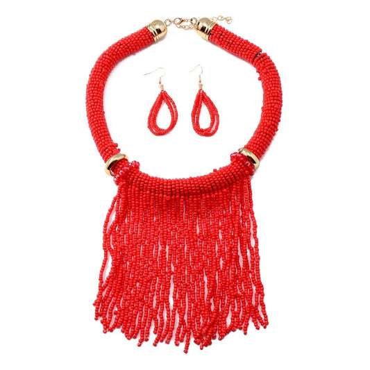 Ethnic Style Tassel Bead Necklace And Earrings Suite