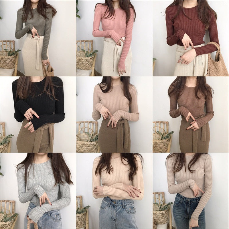 Round Neck Cored Yarn Slim Fit Sweater