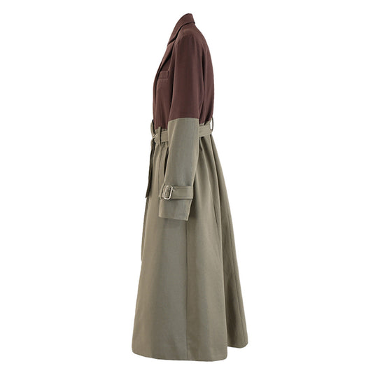 Color blocking patchwork windbreaker women's lace up waist cinched long jacket coat