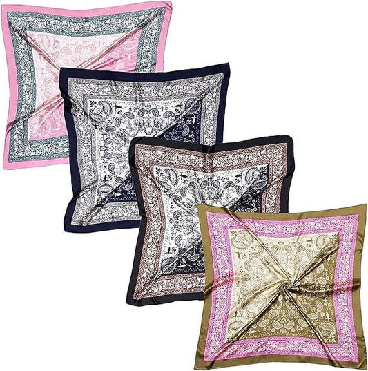 4-Pack 35” Satin Square Head Scarves – Silk-Feel Neck & Hair Wraps for Women – Lightweight, Versatile & Stylish for Day and Night Use