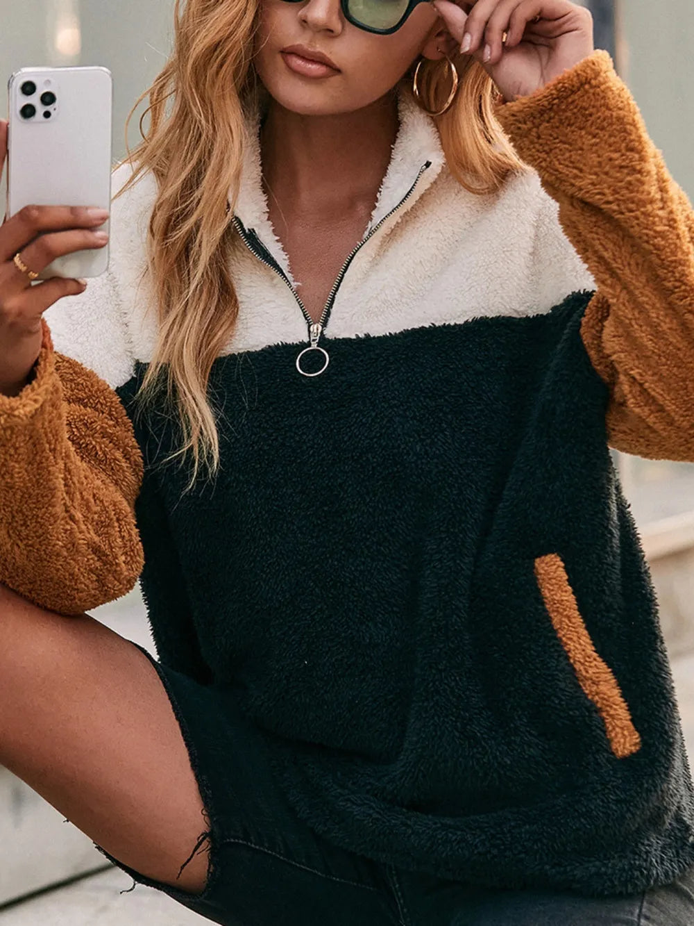 Double sided plush contrasting patch pocket hoodie color blocked plush top for women